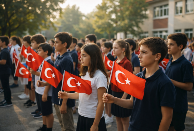 okul bahçesinde bayrak törenine katılan öğrenciler ve Türk bayrakları